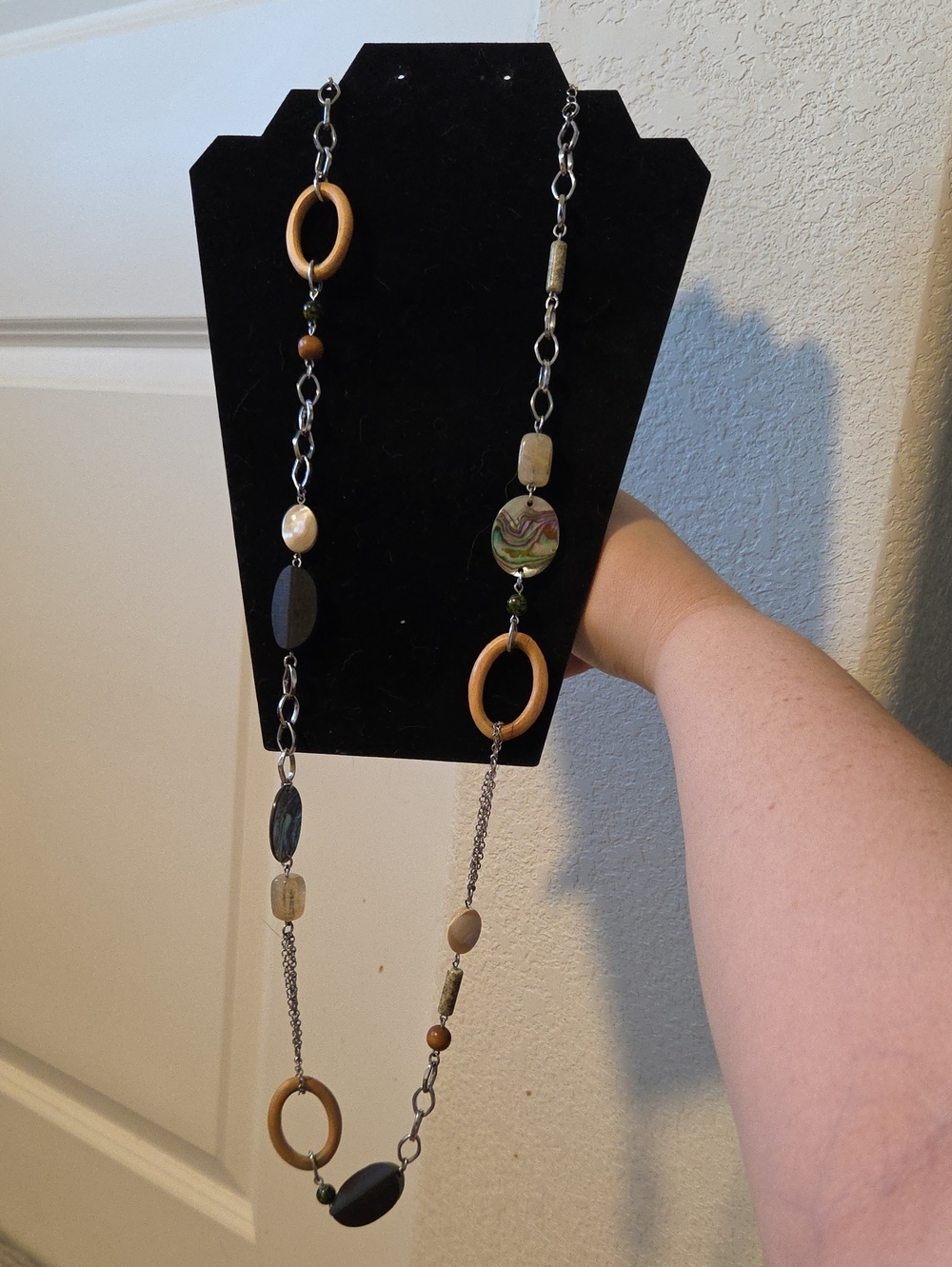 Lia Sophia Mantra Long Multi Strand Wood Abalone Layered Boho Statement Necklace
